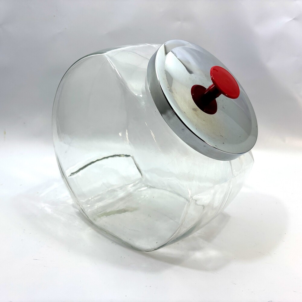 Vintage Countertop Glass Cookie Candy Jar with Tilted Metal Lid Red Knob Handle
